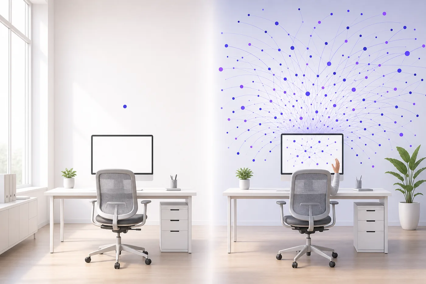 Two workstations side by side: a passive training screen emitting a single data point, next to an interactive session radiating a dense constellation of learning signals