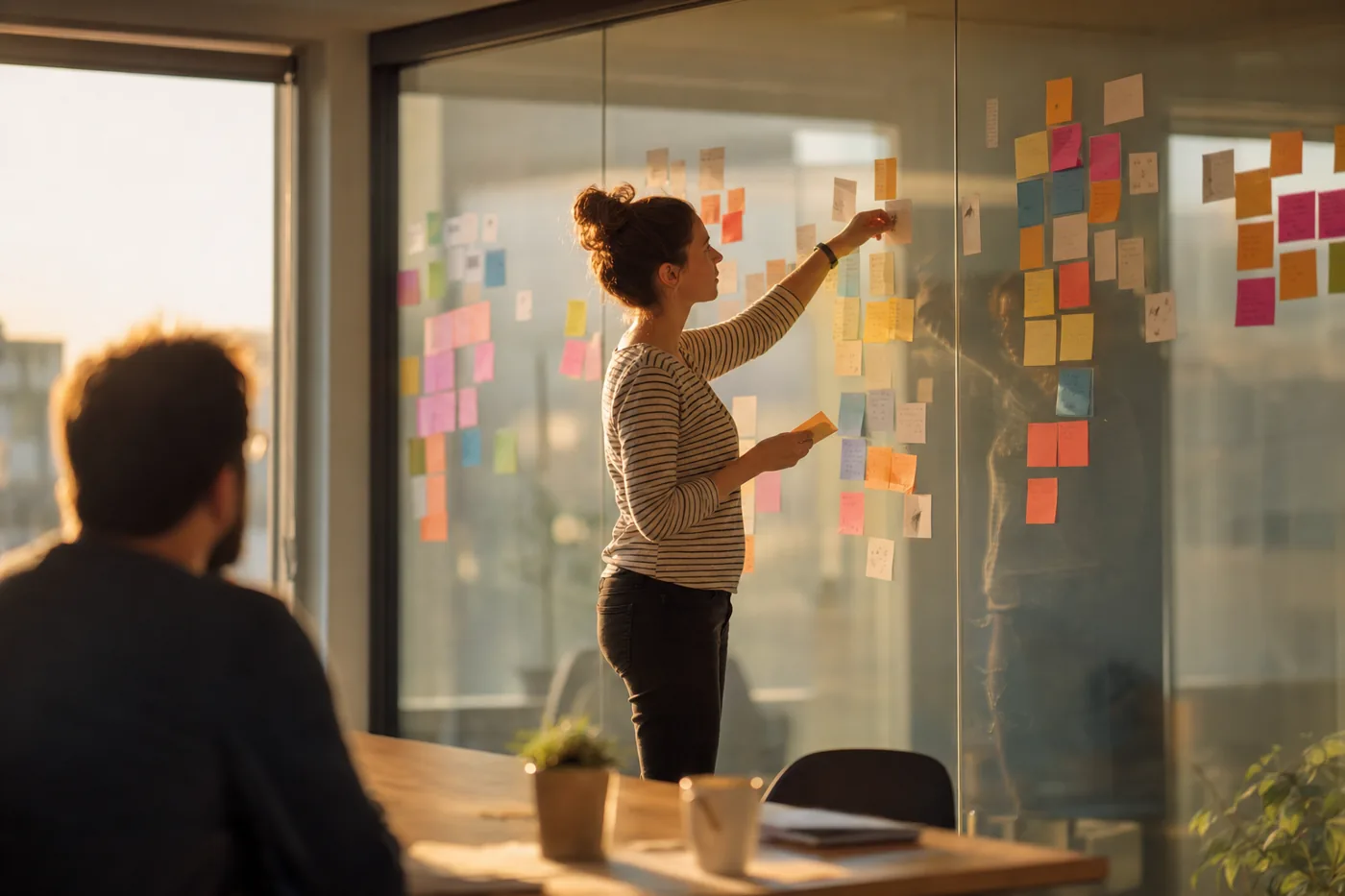 An L&D manager arranging colorful sticky notes into separate clusters on a glass wall while planning training by language