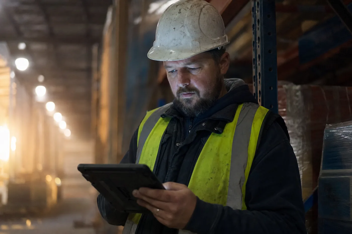 A warehouse worker in a hi-vis vest and hard hat reviewing safety training on a handheld tablet beside storage racks