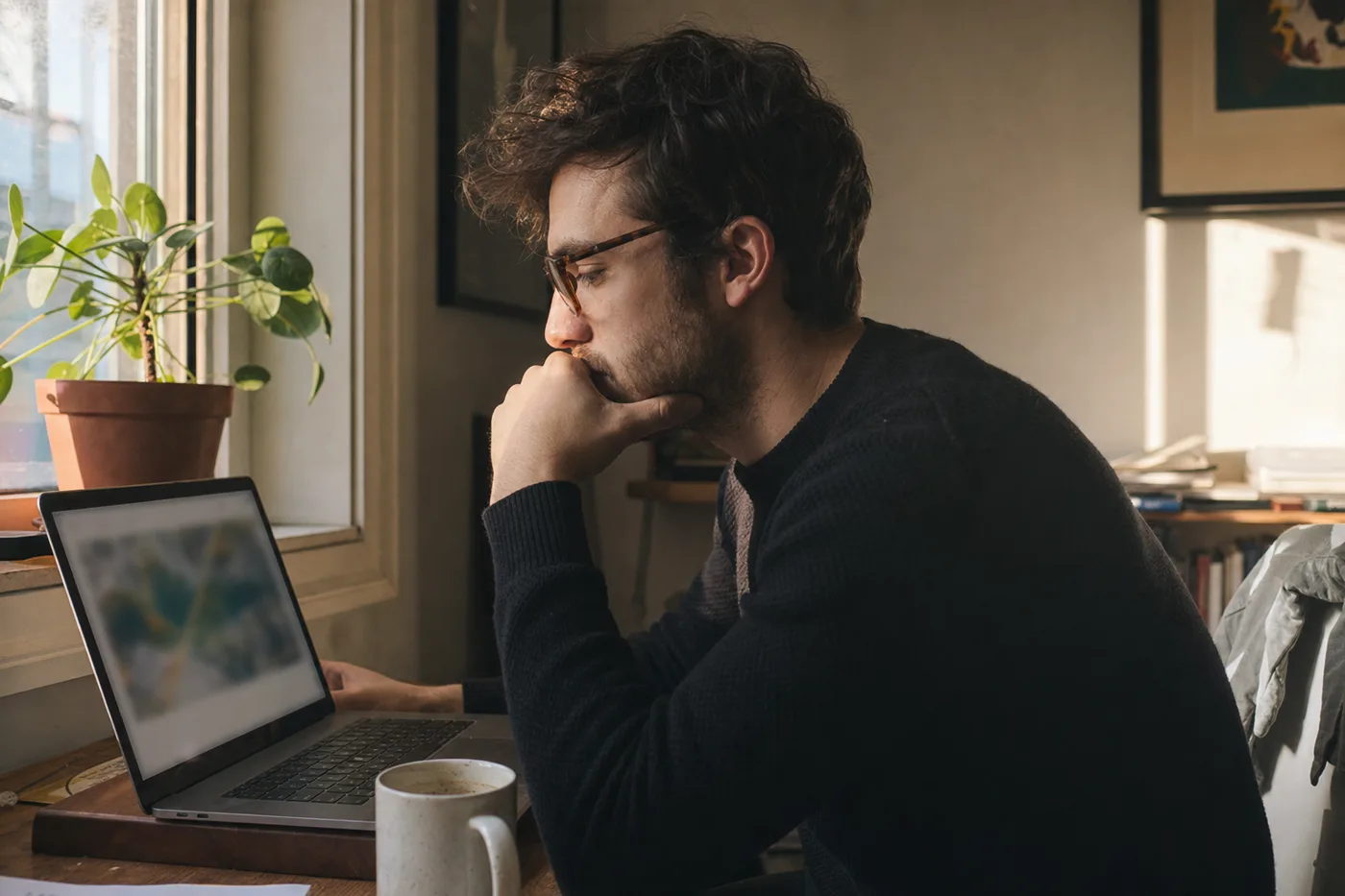 An employee reviews welcome materials on a laptop at home, part of preboarding new hires before day one