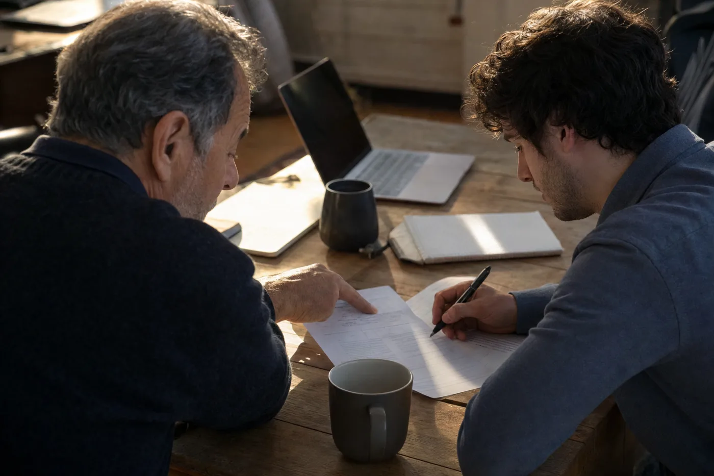 An experienced mentor leaning in beside a younger colleague at a desk, coaching them through a worksheet rather than giving the answer