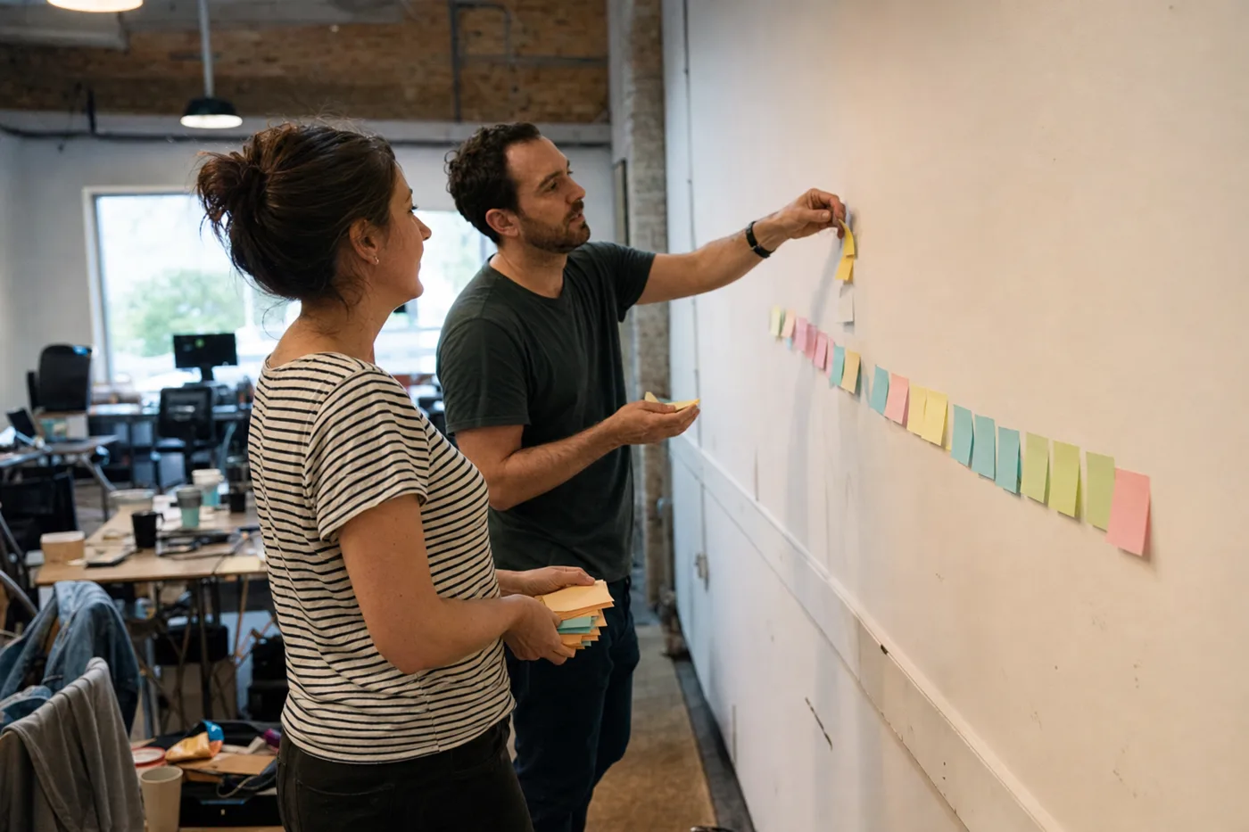 Two coworkers removing sticky notes from a long planning wall until a short row remains, a picture of how to reduce employee training time
