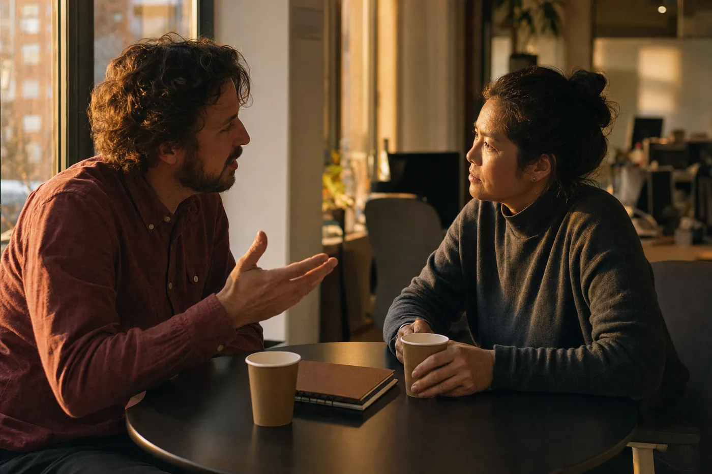Two coworkers practicing a difficult conversation at a table by a window during golden hour