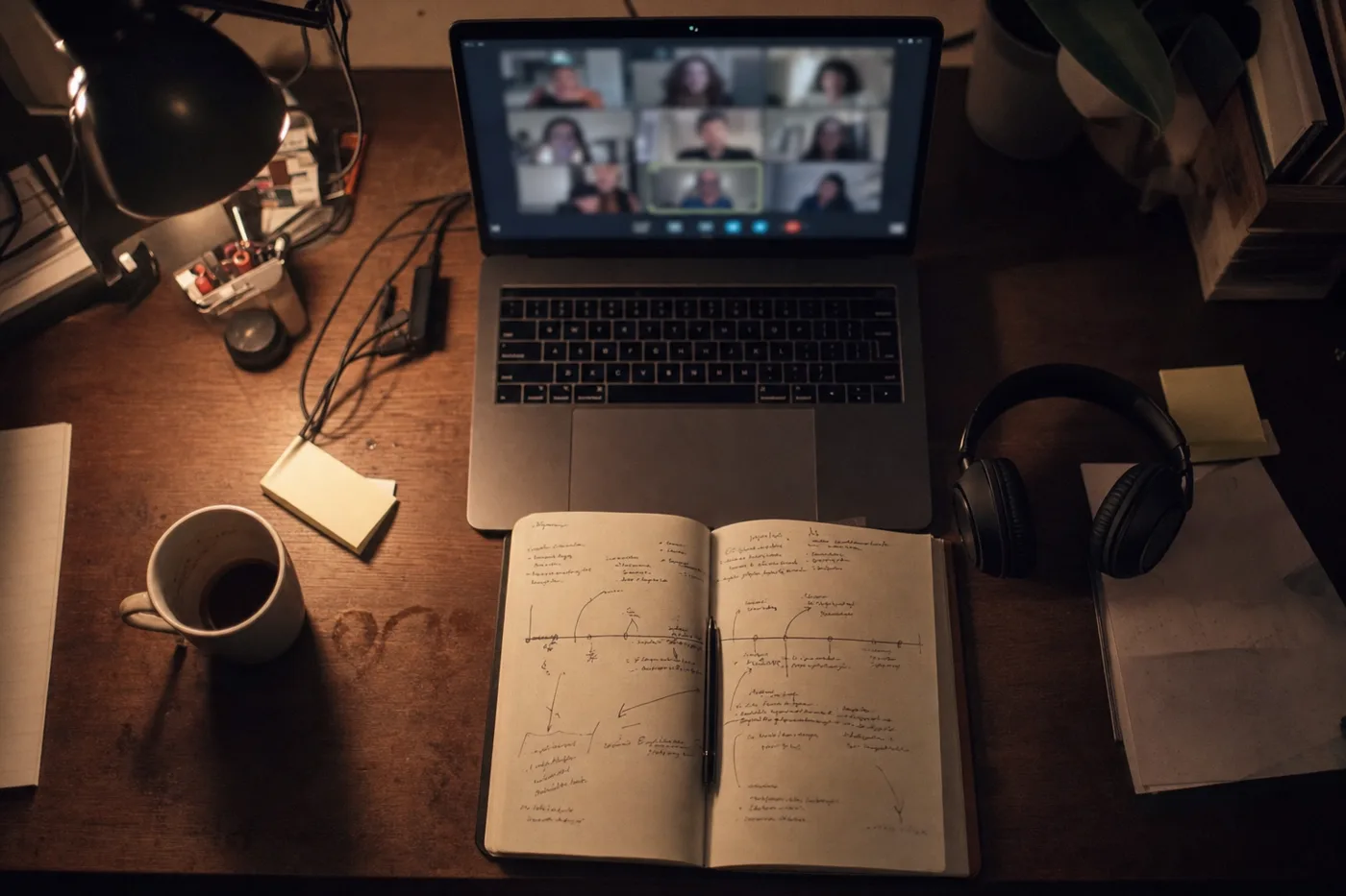 Overhead view of a home office desk during a remote new hire's first week, with a hand-sketched ramp-up plan beside the laptop
