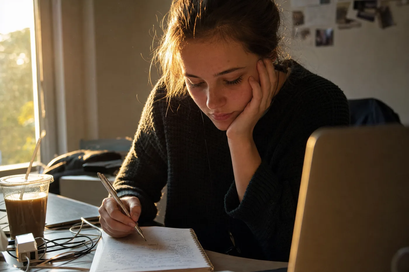 Employee working through a problem on paper before asking for help, lit by late afternoon window light