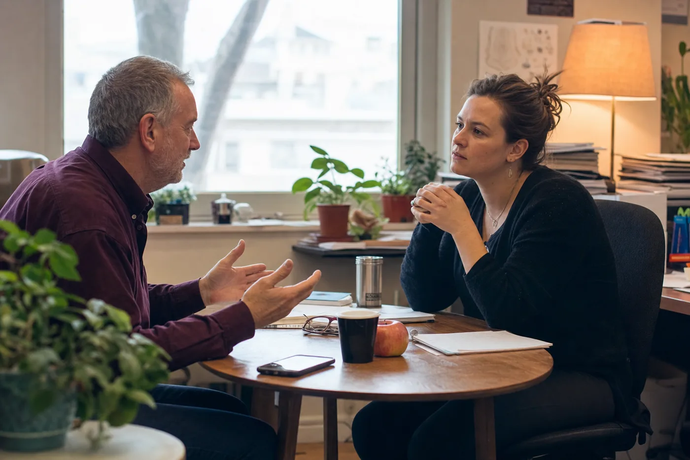 Two coworkers practicing a difficult conversation during soft skills training at a sunlit office table