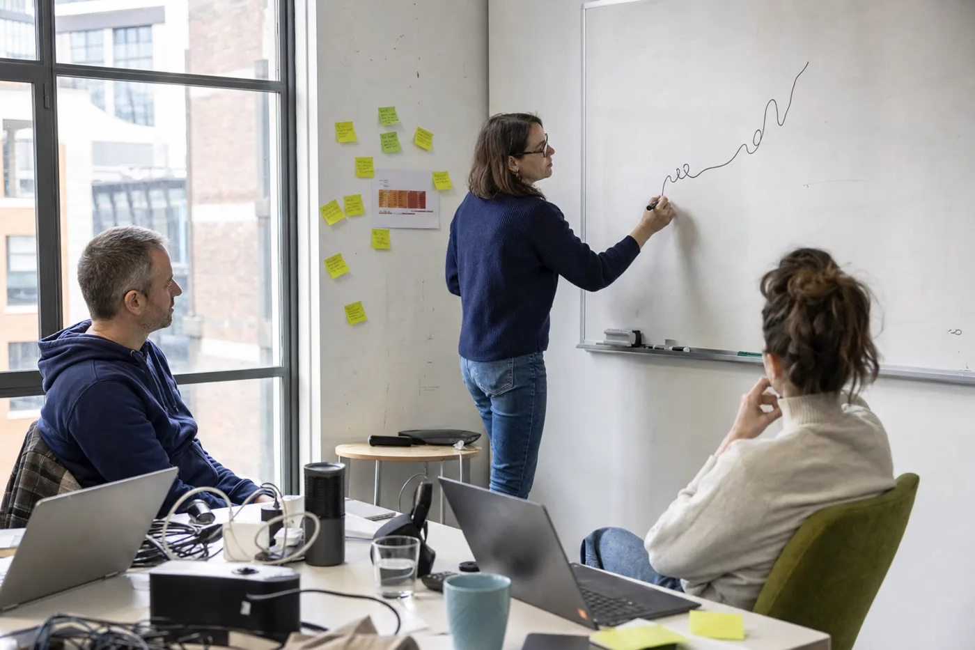 A team member sketches a rising curve on a whiteboard while colleagues discuss growing demand for human skills