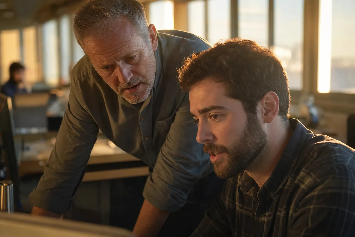 A manager leaning over a colleague's shoulder at a workstation in late afternoon light, reinforcing a newly trained skill on the job
