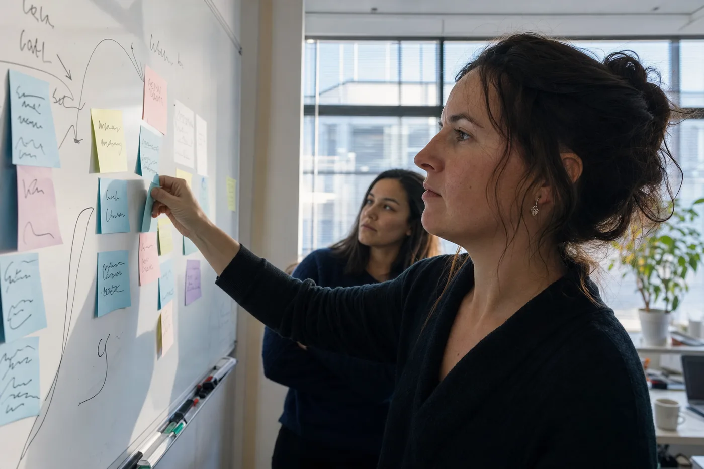 Sticky notes and a hand-drawn 30-60-90 day plan on an office whiteboard during a planning session