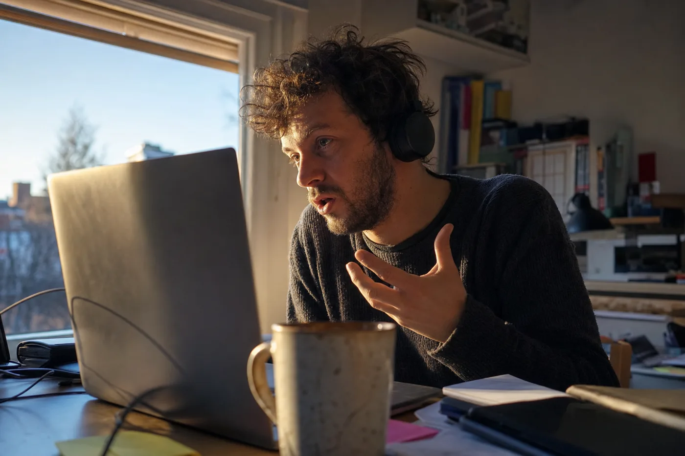 An employee practicing with an adaptive AI tutor on a laptop in warm evening light at a home desk
