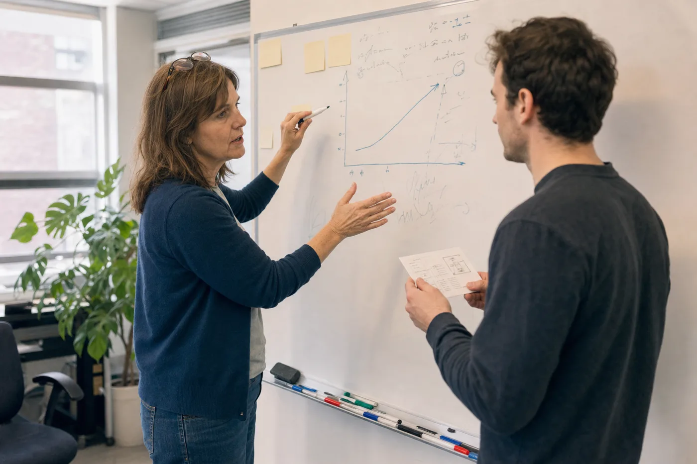 Two coworkers sketching a learning progress curve on a whiteboard during a planning session in bright daylight