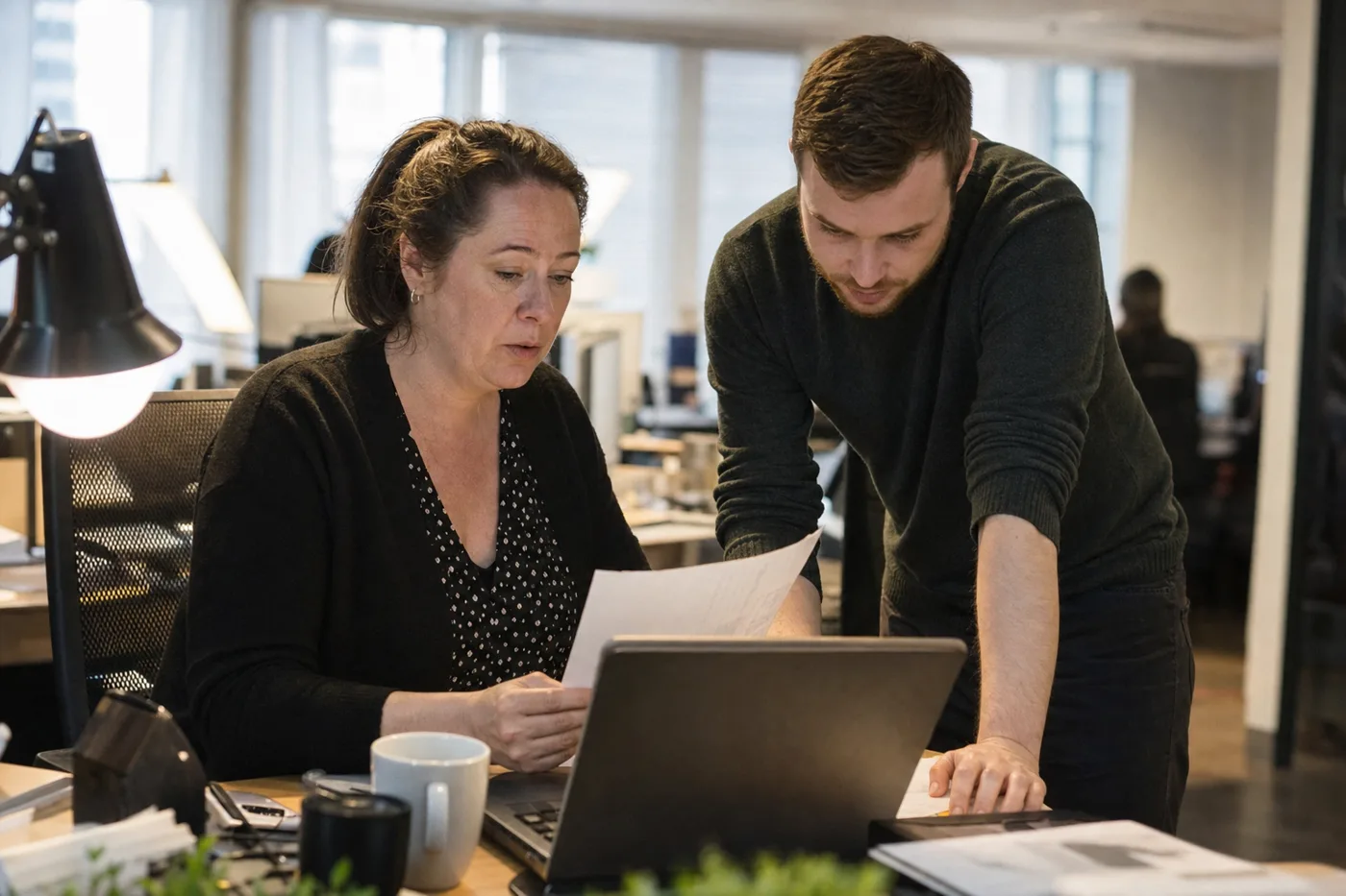 Two coworkers at a desk reviewing an AI agent's finished draft together, learning the judgment skills of working with AI agents