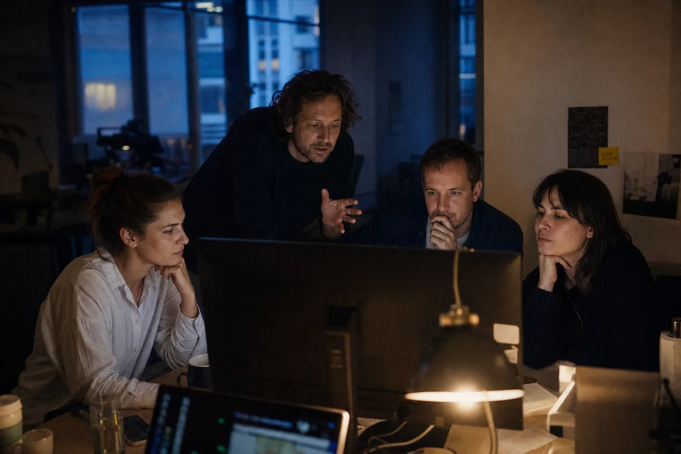A small team practicing an AI handoff scenario together at a shared screen in evening office light