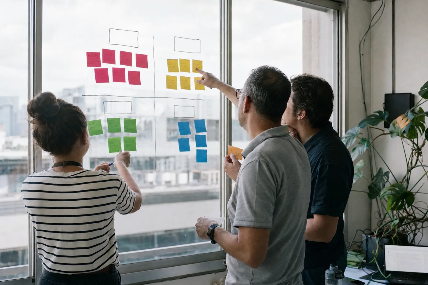 Coworkers sorting sticky notes into quadrants on an office wall, mapping which tasks to delegate to AI agents